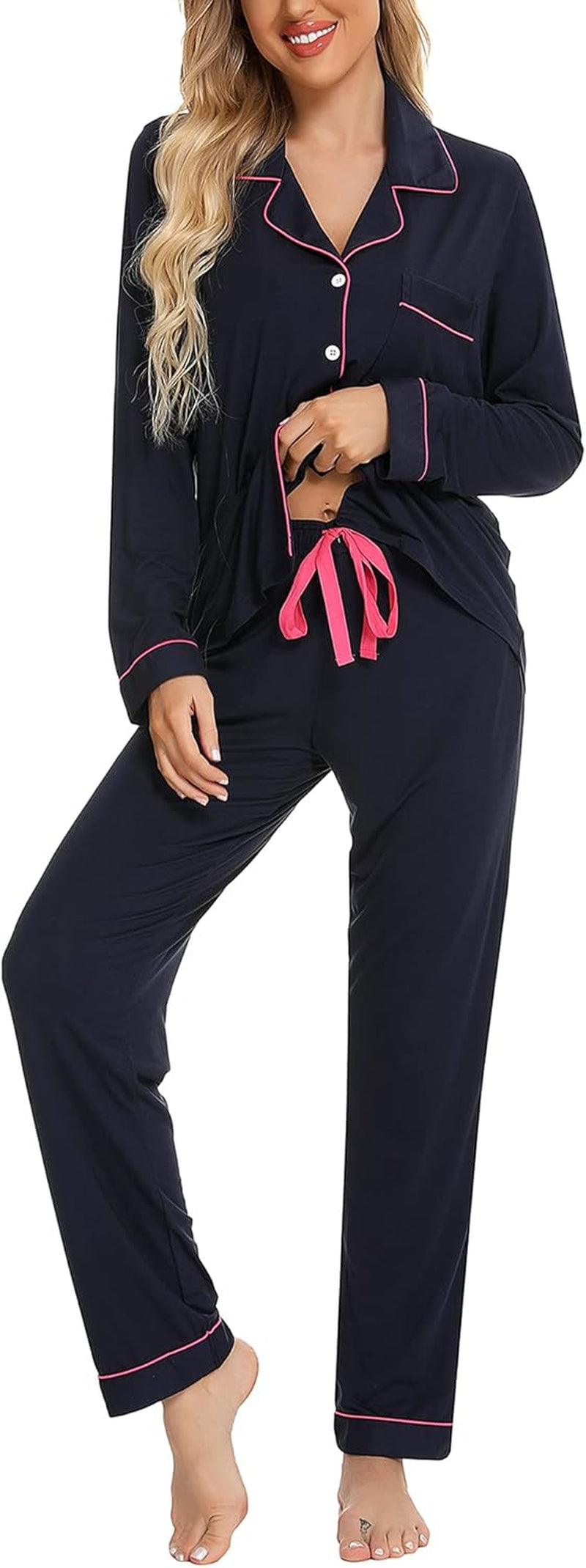 Pajamas for Women Soft Button up Pajama Set Long Sleeve Shirt and Pajama Pants Lounge Sets S-XXL