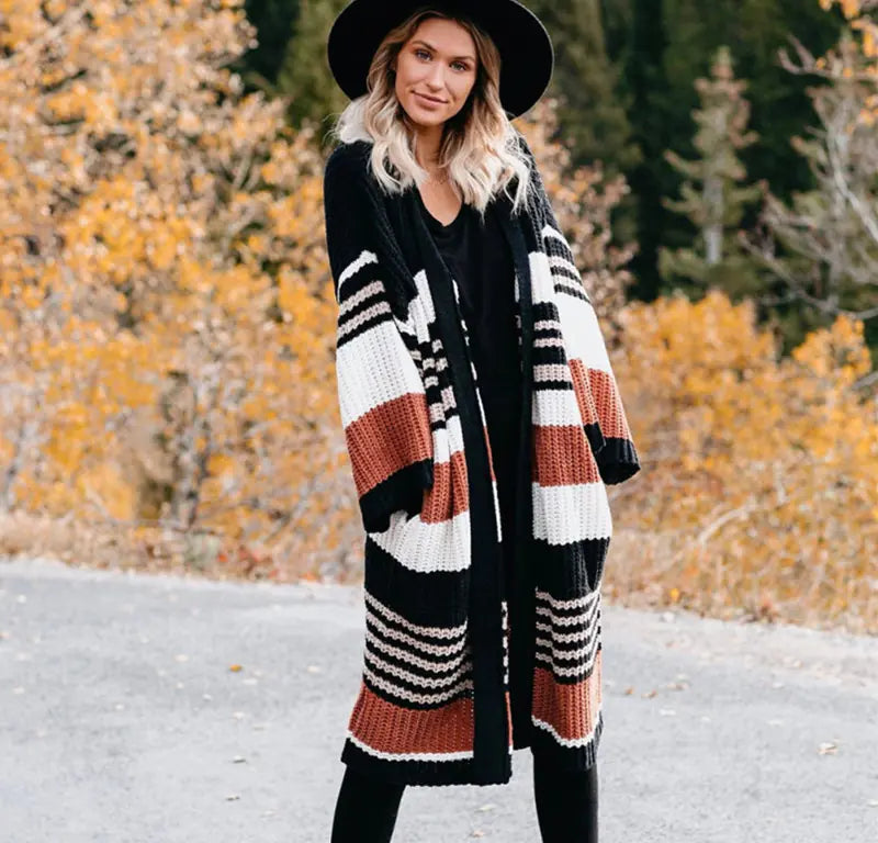 2020 Fall Winter Women's Striped Color Block Cardigan
