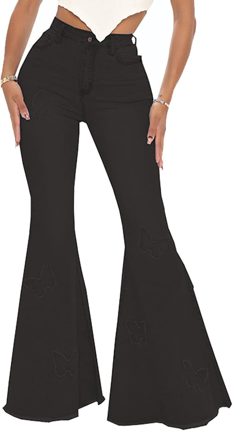 Bell Bottom Jeans for Women Vintage High Waisted Ripped Hole Raw Hem Denim Flare Jeans Pants