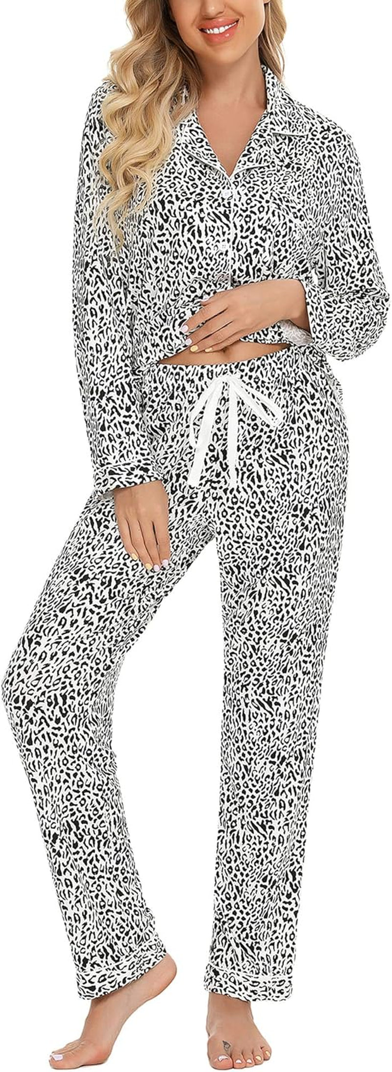 Pajamas for Women Soft Button up Pajama Set Long Sleeve Shirt and Pajama Pants Lounge Sets S-XXL