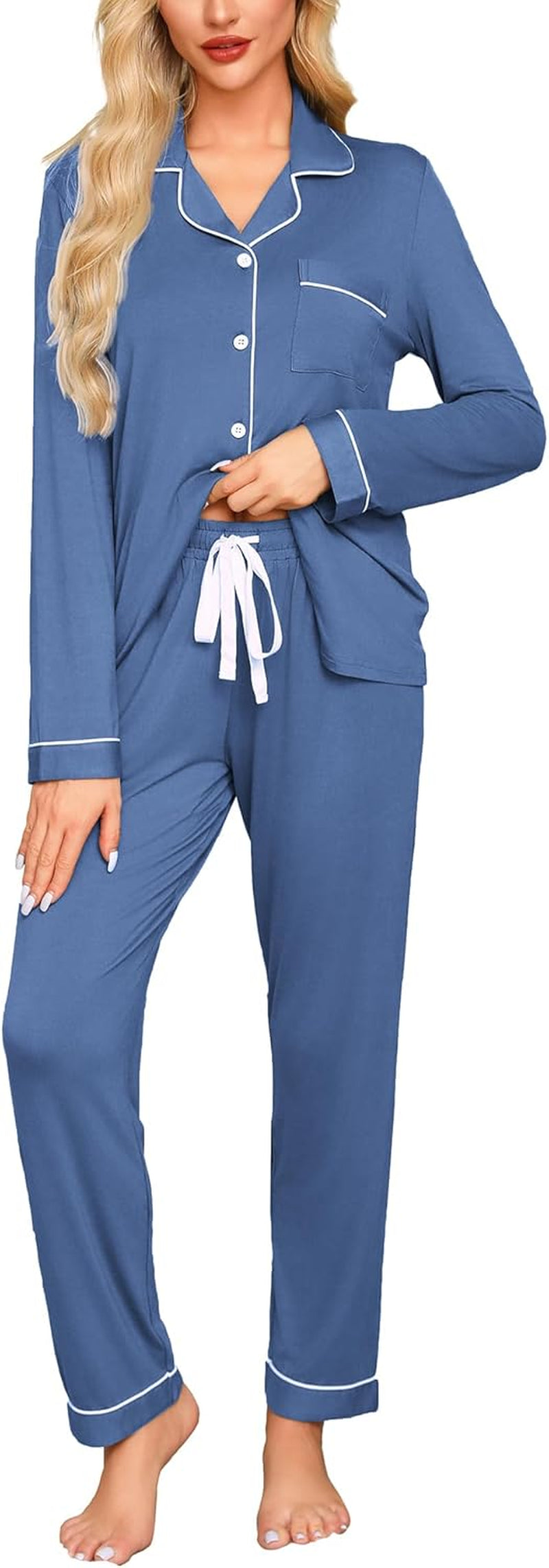 Pajamas for Women Soft Button up Pajama Set Long Sleeve Shirt and Pajama Pants Lounge Sets S-XXL
