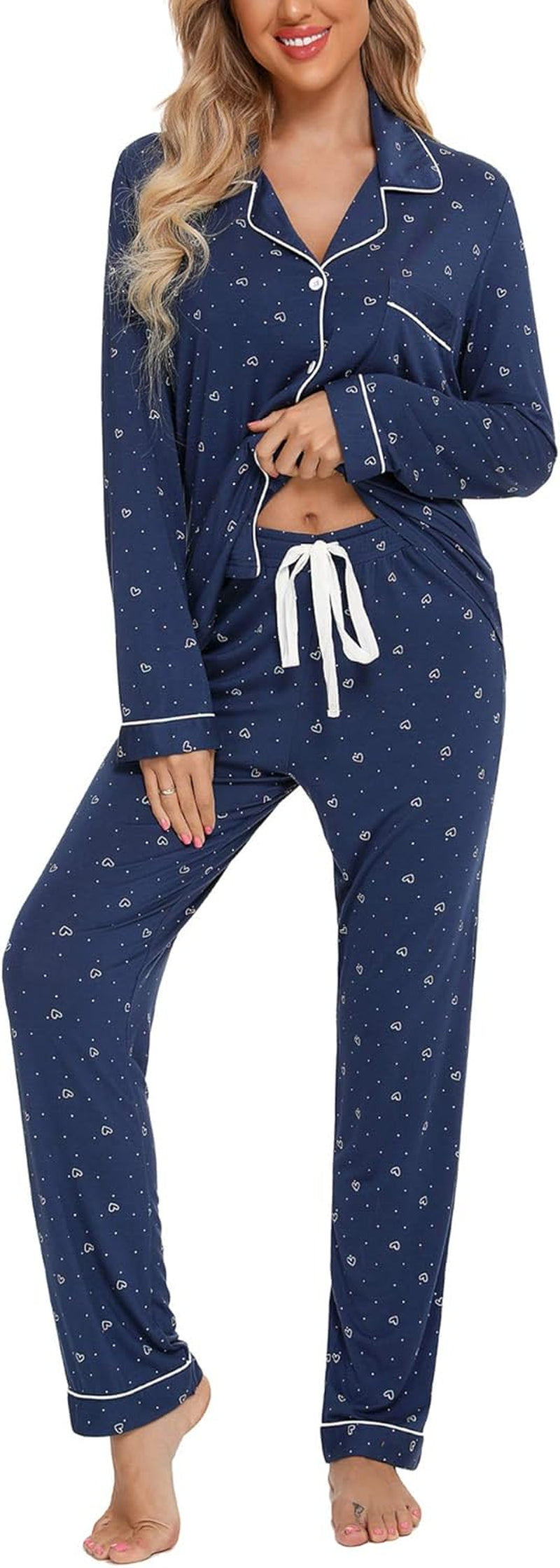 Pajamas for Women Soft Button up Pajama Set Long Sleeve Shirt and Pajama Pants Lounge Sets S-XXL