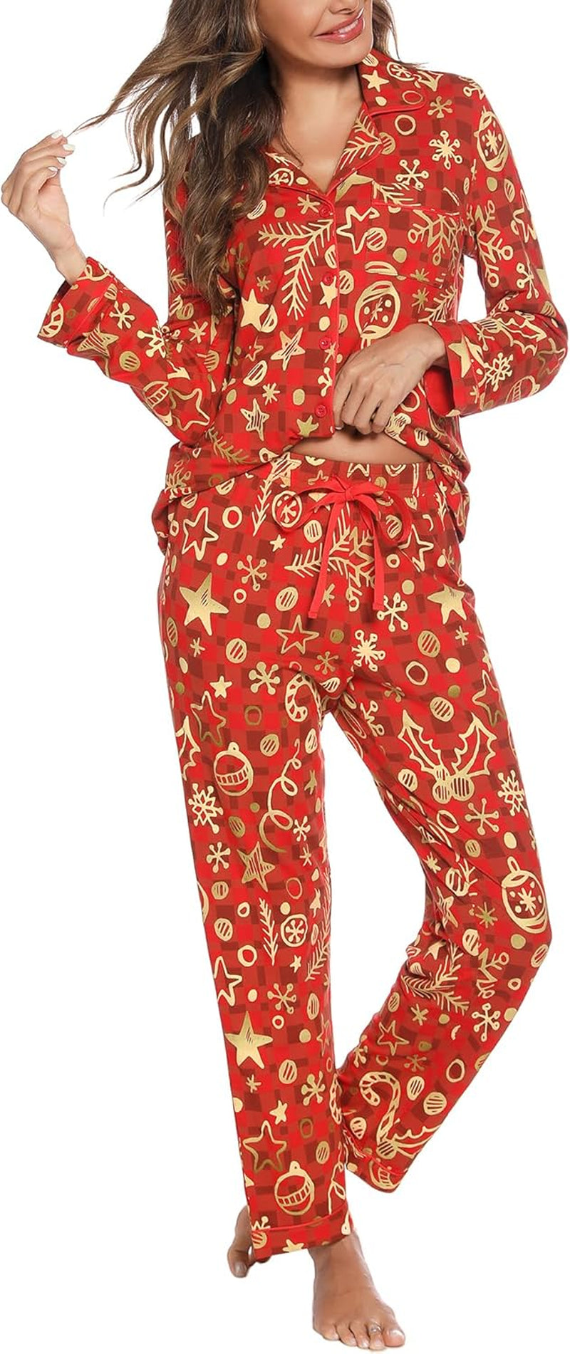 Pajamas for Women Soft Button up Pajama Set Long Sleeve Shirt and Pajama Pants Lounge Sets S-XXL