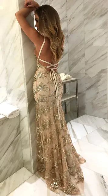Women's Sleeveless V-Neck Sequined Formal Dress