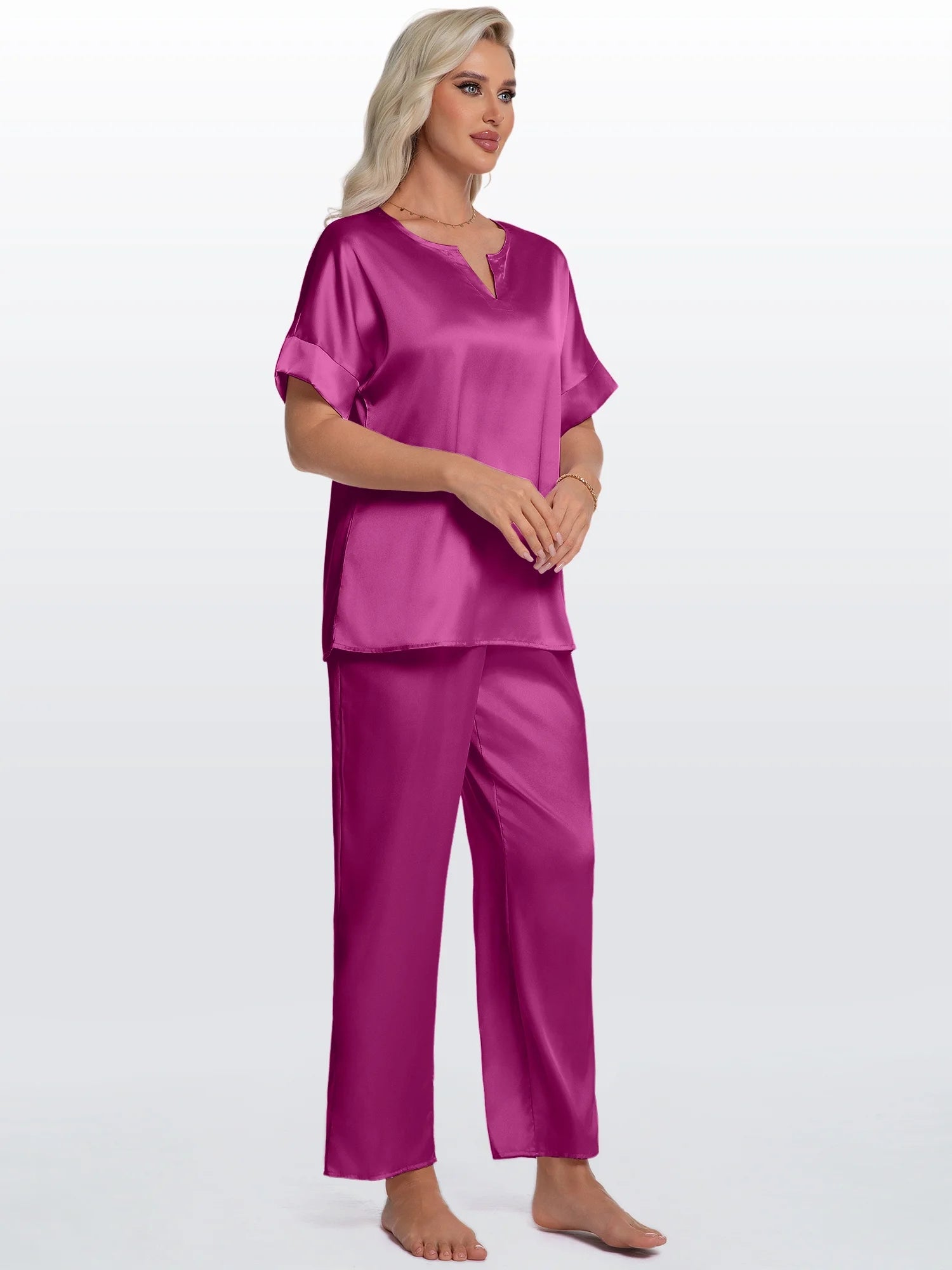Womens Silk Satin Pajama Sets Short Sleeve Pjs V Neck Pajamas for Women with Long Pant S to XL