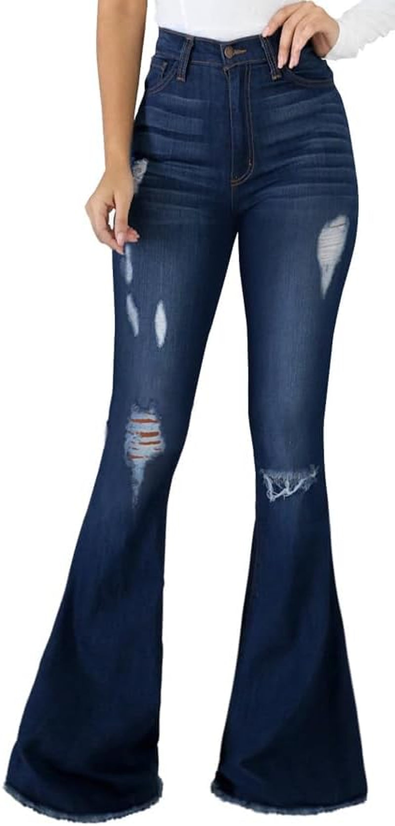 Bell Bottom Jeans for Women Vintage High Waisted Ripped Hole Raw Hem Denim Flare Jeans Pants
