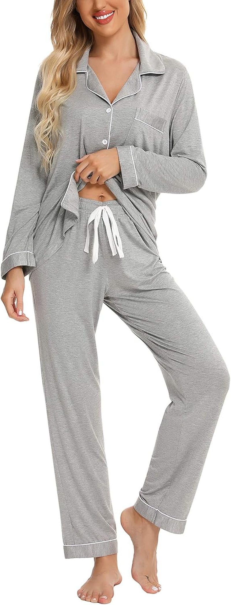 Pajamas for Women Soft Button up Pajama Set Long Sleeve Shirt and Pajama Pants Lounge Sets S-XXL