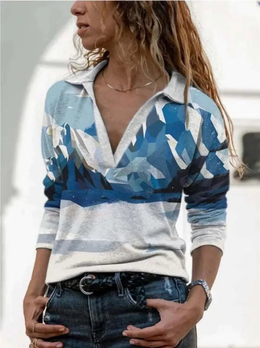 Fall Winter Landscape Print Long Sleeve T-Shirt for Women