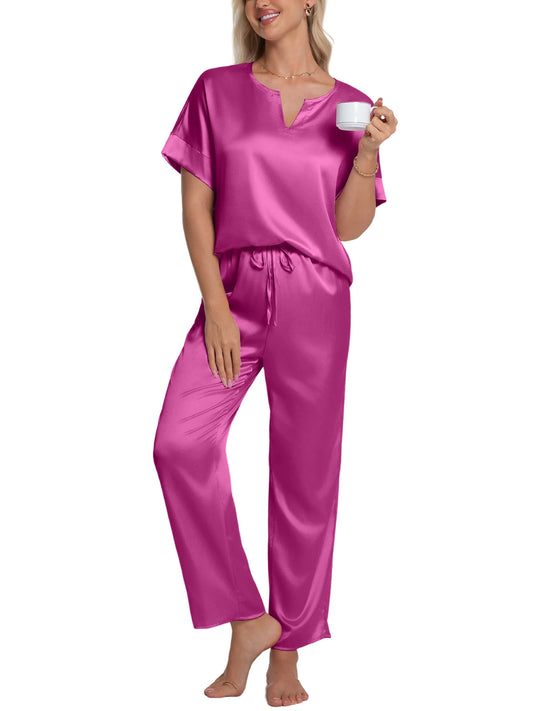 Womens Silk Satin Pajama Sets Short Sleeve Pjs V Neck Pajamas for Women with Long Pant S to XL