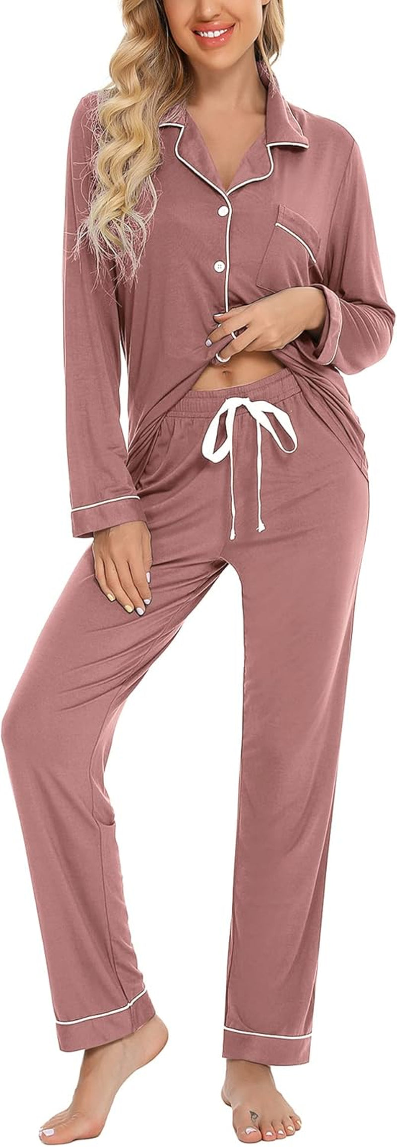 Pajamas for Women Soft Button up Pajama Set Long Sleeve Shirt and Pajama Pants Lounge Sets S-XXL