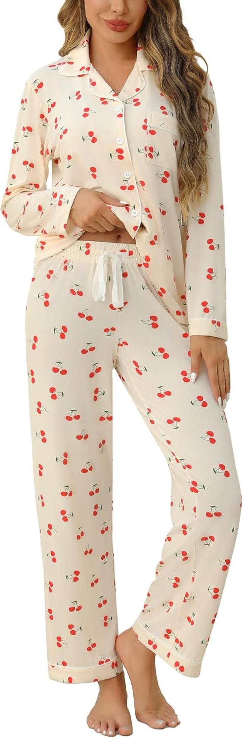 Pajamas for Women Soft Button up Pajama Set Long Sleeve Shirt and Pajama Pants Lounge Sets S-XXL