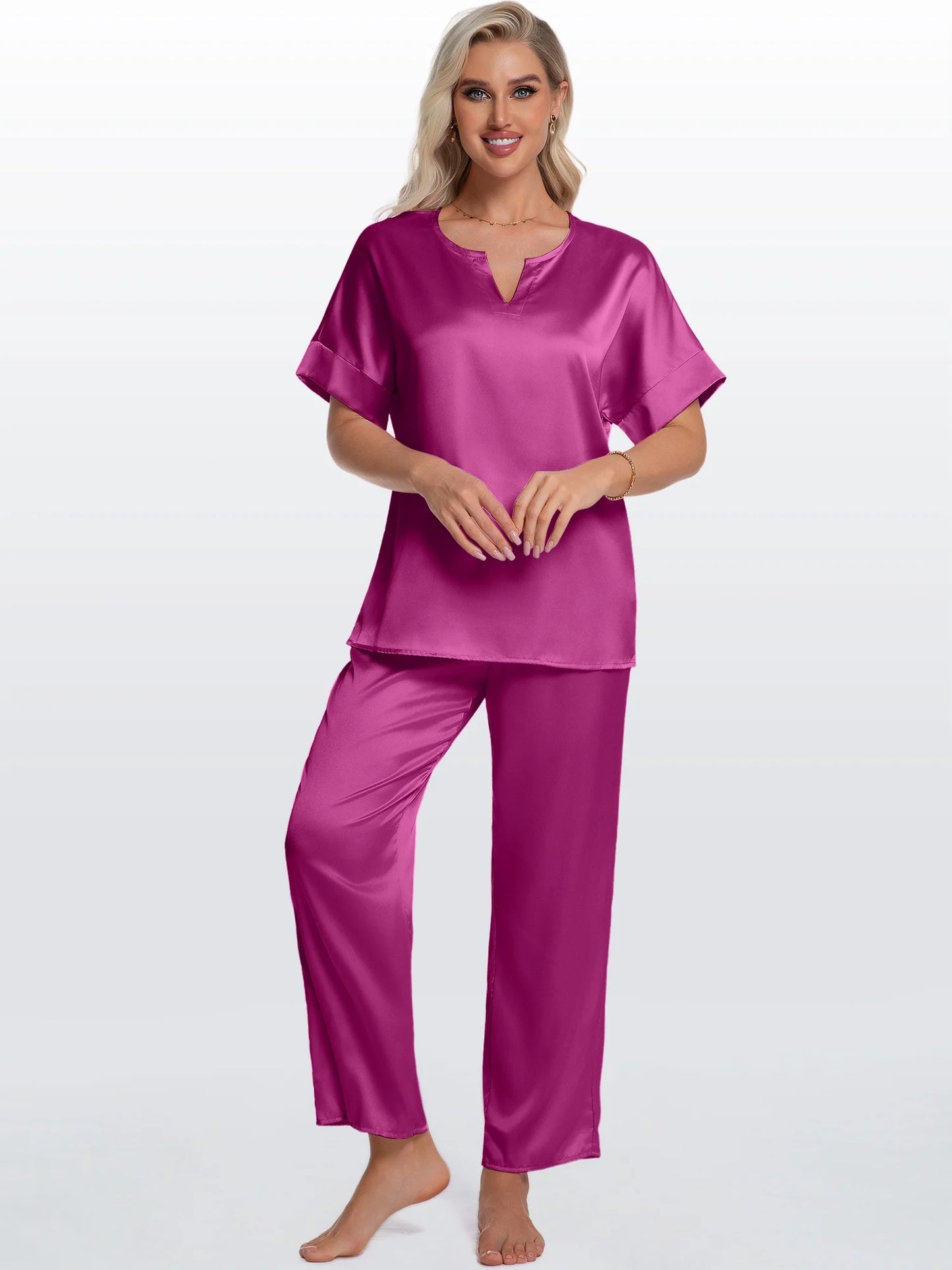 Womens Silk Satin Pajama Sets Short Sleeve Pjs V Neck Pajamas for Women with Long Pant S to XL