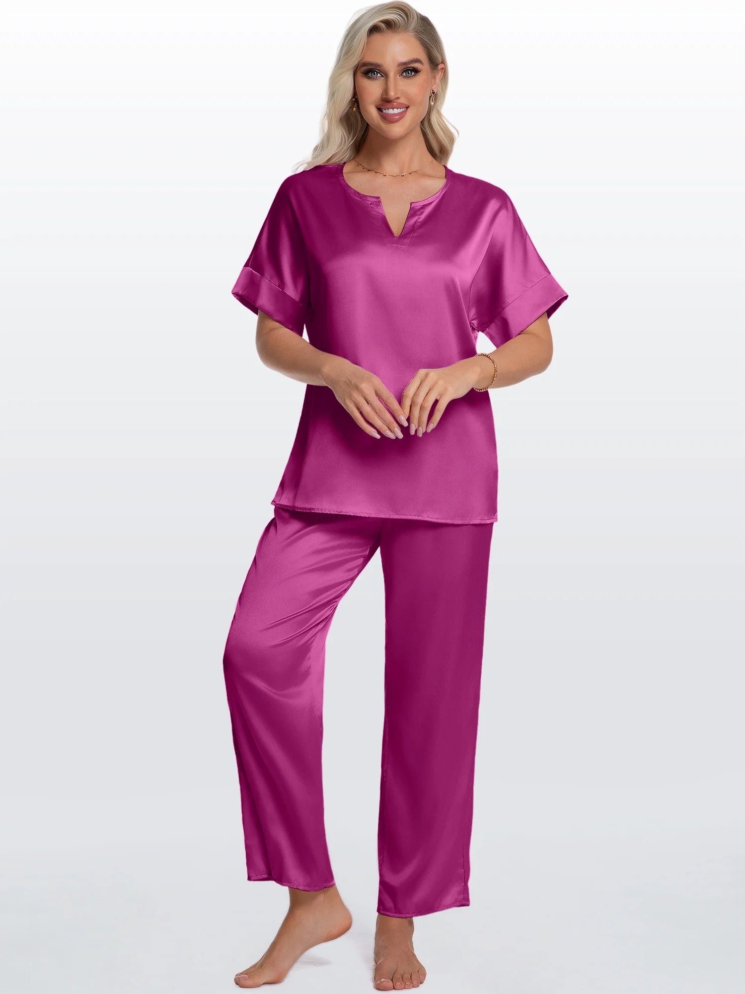 Womens Silk Satin Pajama Sets Short Sleeve Pjs V Neck Pajamas for Women with Long Pant S to XL