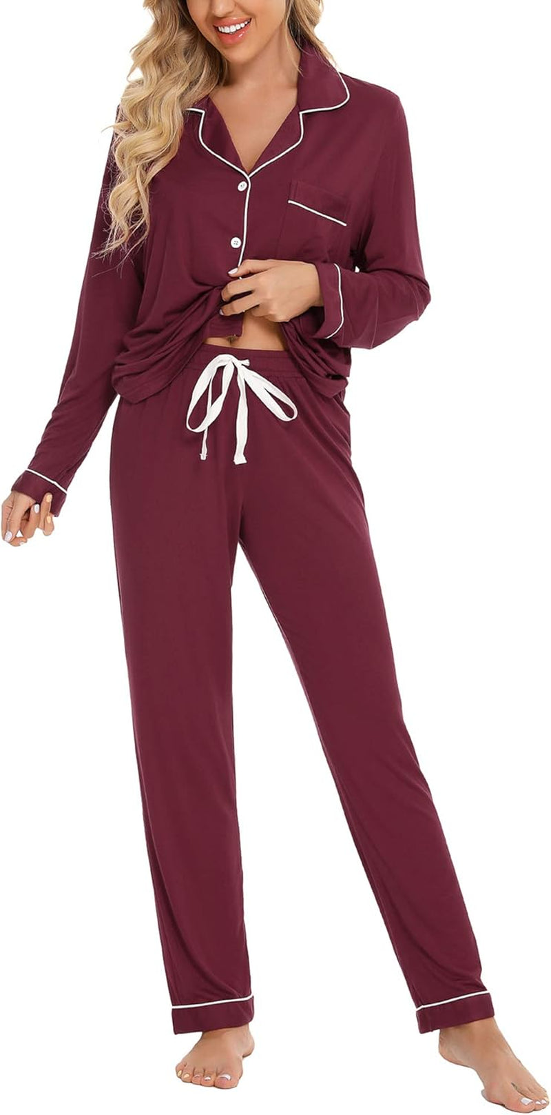 Pajamas for Women Soft Button up Pajama Set Long Sleeve Shirt and Pajama Pants Lounge Sets S-XXL