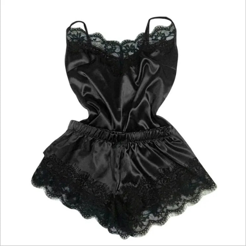 Fashion Sexy Lace Pajamas Set Women'S Underwear Sleeveless Silk Pajamas Spaghetti Strap Top + Shorts Pajamas 2PCS