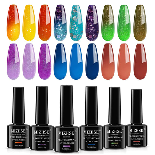MIZHSE Color Changing Nail Polish 6 Colors Glitter Purple Blue Temperature Color Changing Gel Nail Polish Thermal Soak Off U V LED Nail Polish for Nail Salon Home DIY Manicure