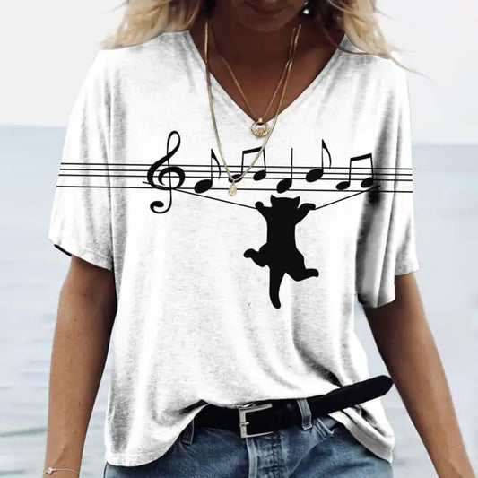 Cute Cartoon Cat V Neck Women's T-Shirt