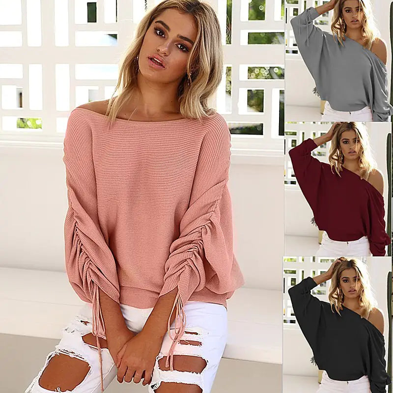 Fall Winter Off-Shoulder Ribbed Sweater Top