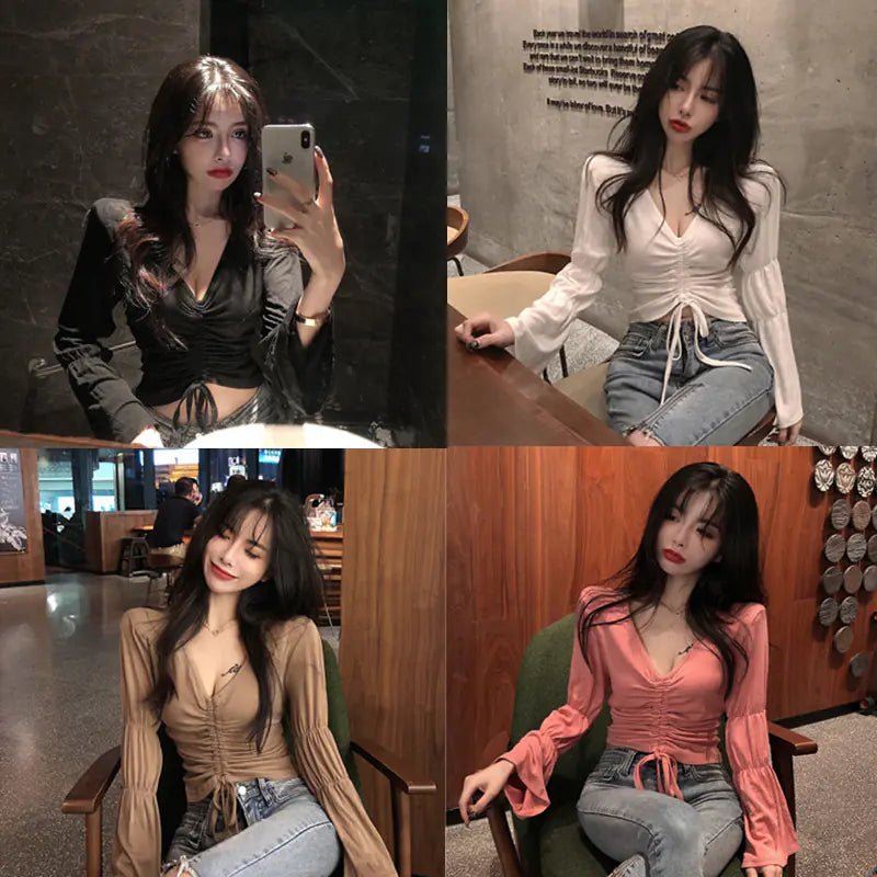 V-Neck Long Sleeve Drawstring Top with Flare Sleeves