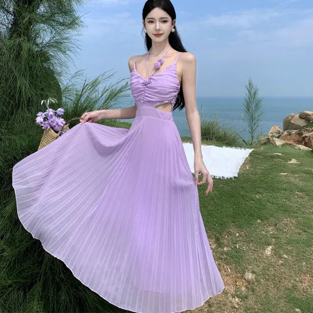 Purple Pleated Backless Sling Dress for Women