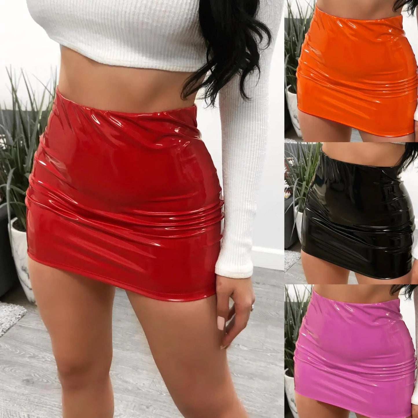 Bright Leather Bag and Hip Half Length Miniskirt