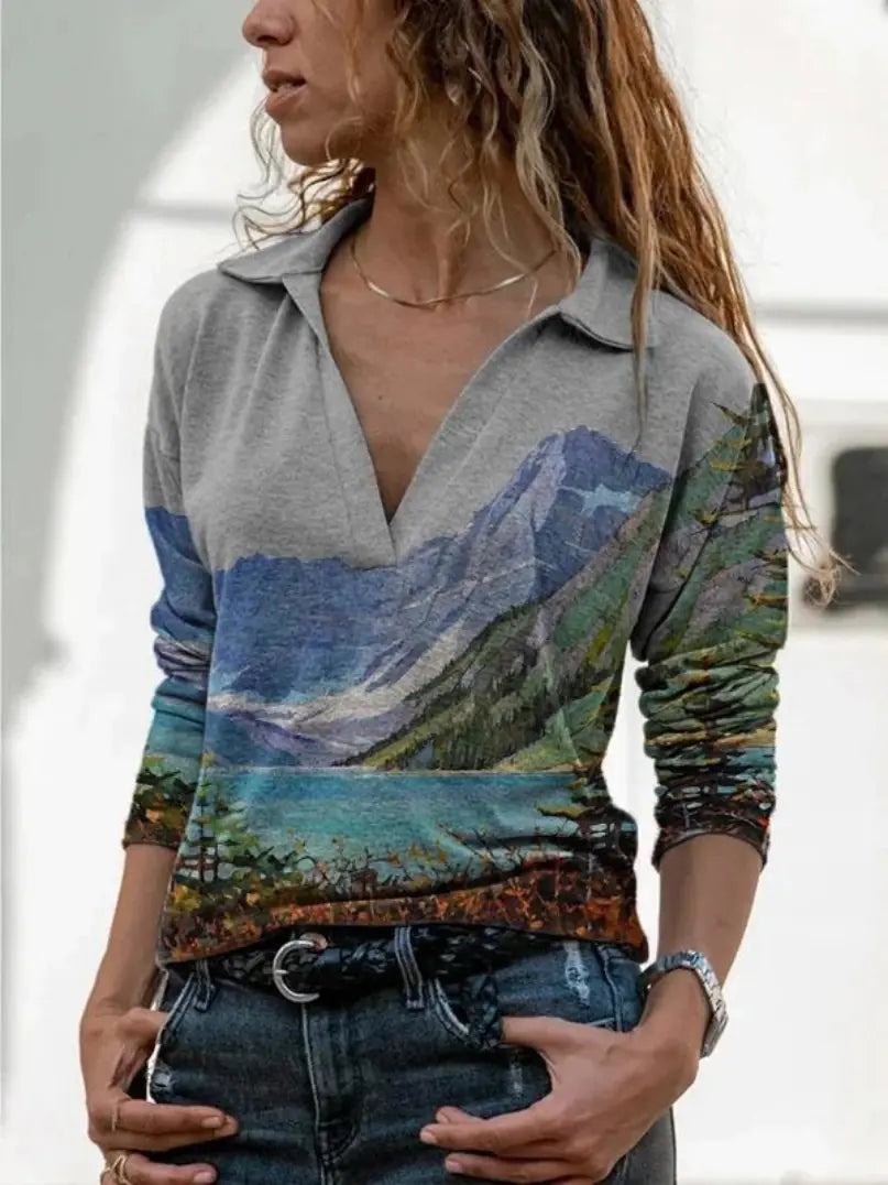 Fall Winter Landscape Print Long Sleeve T-Shirt for Women