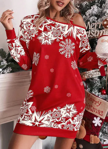 Diagonal Print Shoulder Fall/Winter Dress for Women