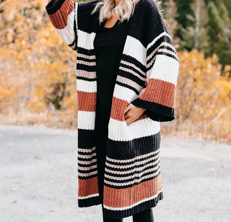 2020 Fall Winter Women's Striped Color Block Cardigan