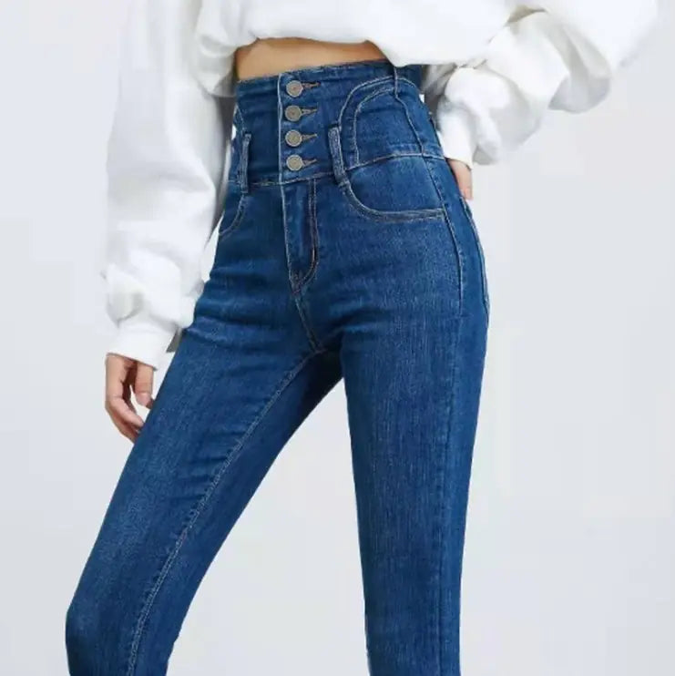 High-Waisted Skinny Jeans - Korean Style Women's Pants