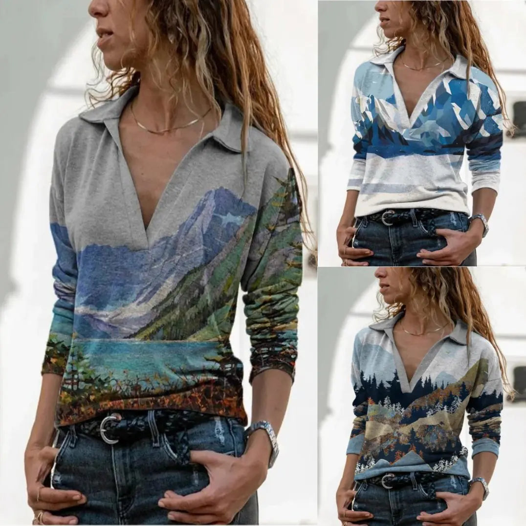 Fall Winter Landscape Print Long Sleeve T-Shirt for Women