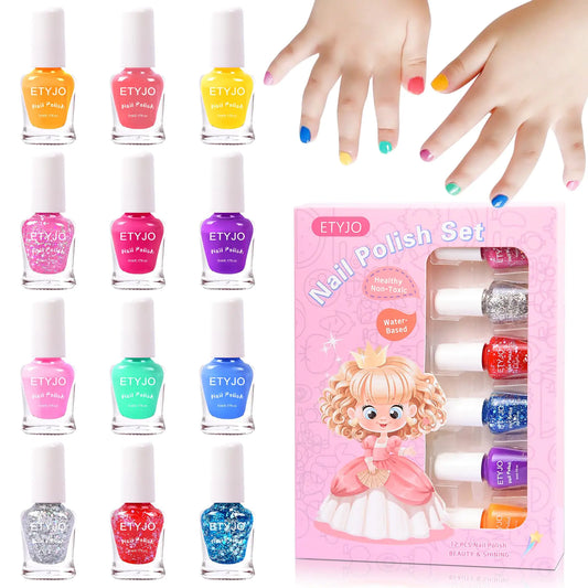 ETYJO Kids Nail Polish Non-Toxic Nail Polish 12 Colors Glitter Kids Nail Polish Set for Girls Water-Based Peel-off Quick-Drying Nail Polish Toddler Perfect Birthday Gifts