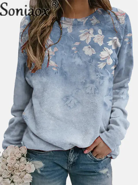 Women's Floral Print Crew Neck Sweatshirt - Fall 2023