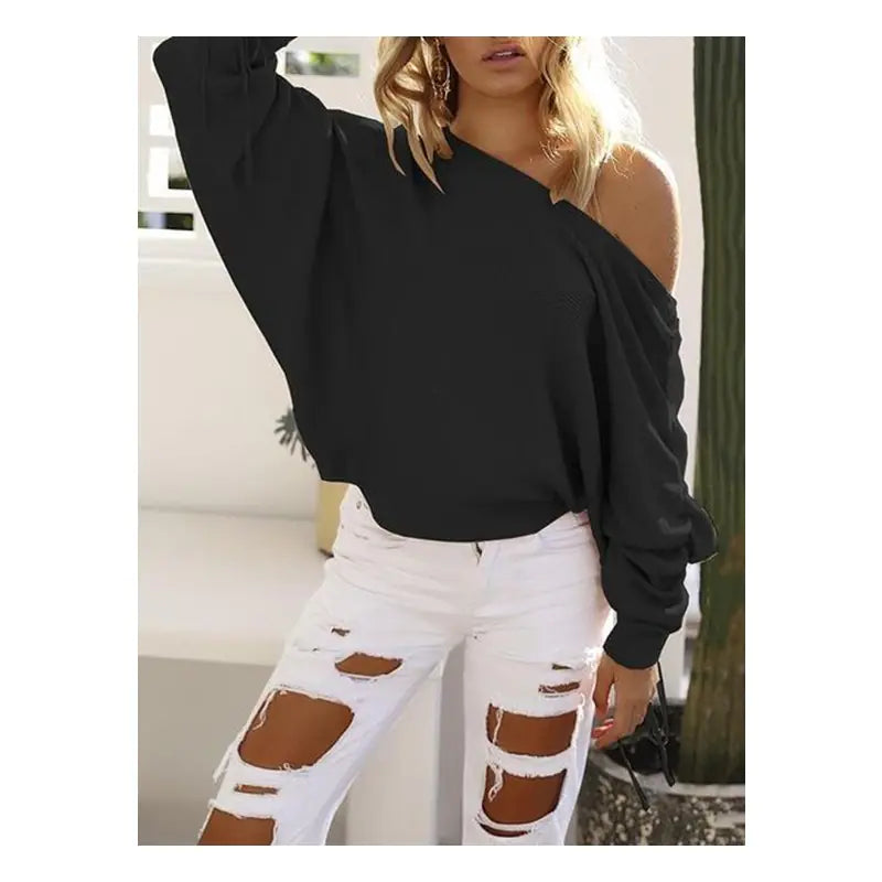 Fall Winter Off-Shoulder Ribbed Sweater Top