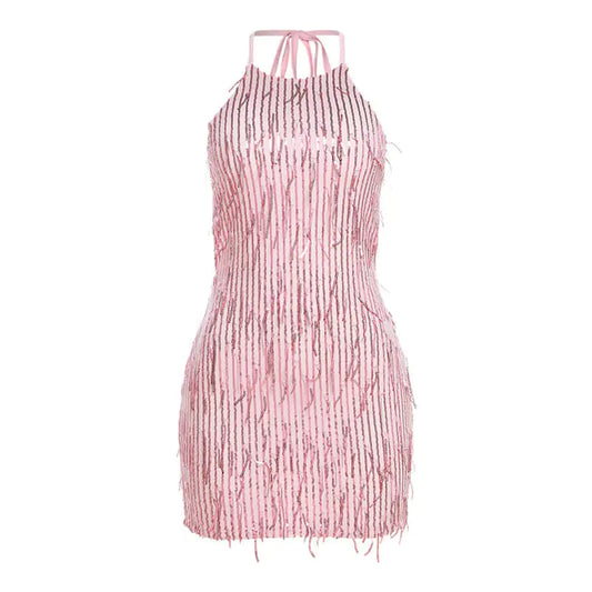 Halter Backless Sequin Tassel Dress for Women